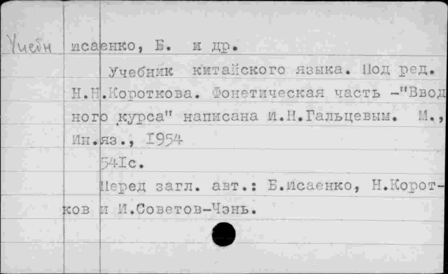 ﻿	1'1 с а	енко, Б. и др.
		Учебник китайского языка. Под ред.
	Н.Н	.Короткова. Фонетическая часть -’’Ввод
	ног	о курса” написана и.И.Гальцевым. М.,
	Ли .	713., 19’/!-
		’ Дс.
		Перед загл. авт.: Б.исаенко, Н.Корот-
	сов	и И.Советов-Чэнь.